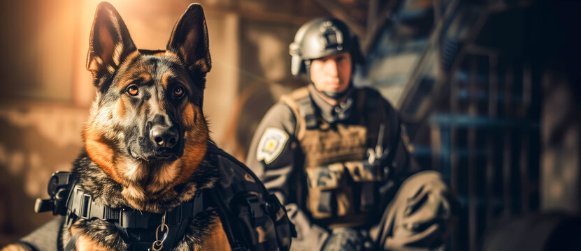 Police K-9 unit in action, with a highly trained dog and its handler working together to apprehend a suspect, showcasing the specialized skills and teamwork of law enforcement