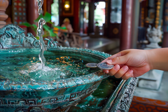 Person tossing a coin into a fountain with closed eyes, making a wish for prosperity and good fortune, capturing the timeless superstitions and rituals associated with money and luck