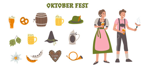 Set of Oktoberfest elements. Traditional Bavarian Clothing. Beer, sausages, pretzels, barrels, hops individually on a white background. 