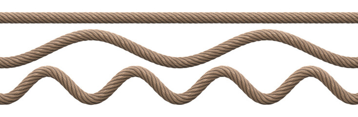 Natural ropes with transparent background. Various types, straight and wavy. Realistic 3D render.