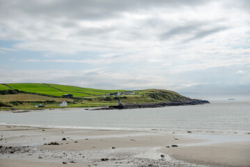 Landscape photography of beach; village; Scotland; UK; Port Logan, bay; sea; sand, serenity; scenery; panorama; port, historic; house, farm, boat, lighthouse