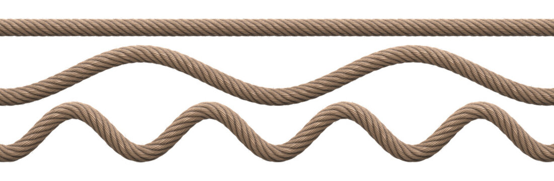 Natural ropes with transparent background. Various types, straight and wavy. Realistic 3D render.