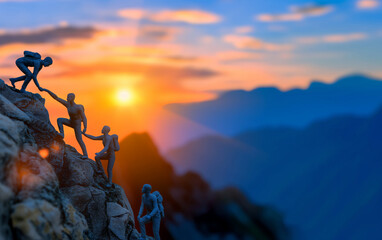 Silhouetted climbers helping each other ascend a rocky mountain at sunset with a vibrant sky in the background