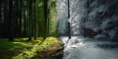 Forest path split between summer and winter seasons