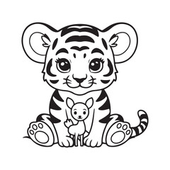 A black and white drawing of a tiger with white background