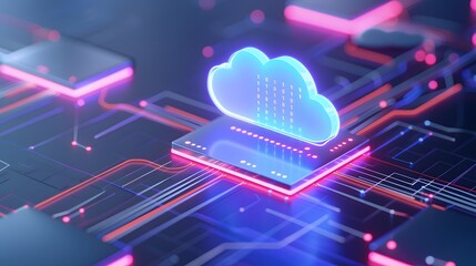 Futuristic digital cloud computing data technology, represented by neon lights and electronic circuits, symbolizing cloud storage and connectivity.