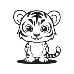 A black and white drawing of a tiger with white background