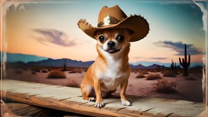 humorous portrait picture of a Chihuahua dog sporting a cowboy hat
