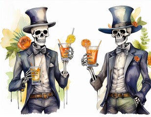 Obraz premium A human skeleton holding a cocktail. Halloween theme party