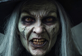 Frightening Witch with Piercing Eyes. Dark witch Halloween makeup and costume,
