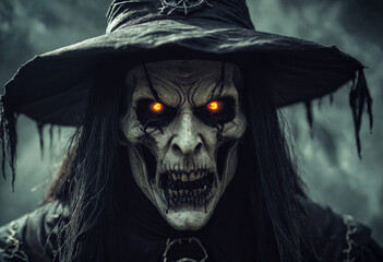 Frightening grim reaper with fiery eyes.  Dark warlock Halloween costume.