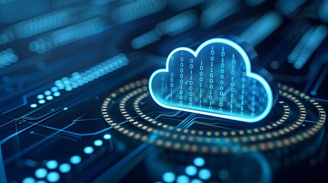 Futuristic digital cloud technology concept with data storage, network, and server on a blue background with binary code.