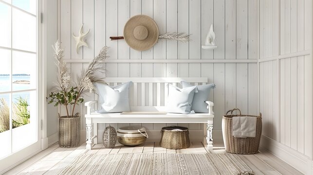 White wooden bench with pillows in a bright, coastal-themed room.  Sunlight streams through a window.  Basket, hat and other coastal decor complete the scene.