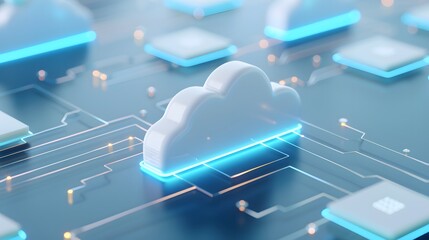 Naklejka premium Futuristic digital illustration of cloud computing, showcasing a network of glowing clouds and circuits symbolizing technology and data storage.
