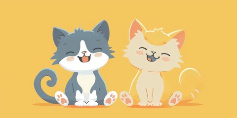 Two Smiling Cartoon Kittens Sitting on Yellow Background