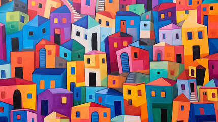Vibrant naive art of colorful houses in an enchanting landscape
