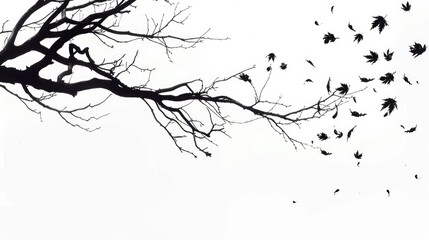 Fototapeta premium Silhouetted Tree Branch with Falling Leaves on White Background