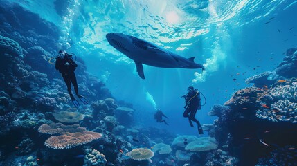Group of students diving in the underwater coral reef sea with a large whale.
