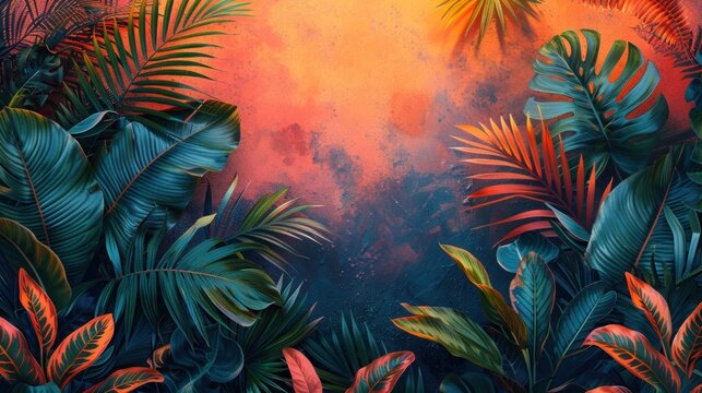 summer background featuring tropical leaves geometric patterns and a fresh color palette with copy space for text