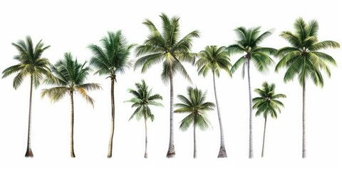 Fototapeta premium Beautiful green coconut trees on different trunks, white background. AI generation.