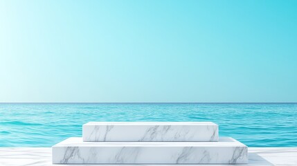 Marble podium against serene ocean, three steps, product display, minimalist, flat design illustration, copy space for text, ultra HD,