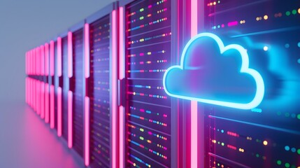 Futuristic server room with glowing cloud icon, representing cloud computing, data storage, and technology infrastructure solutions.