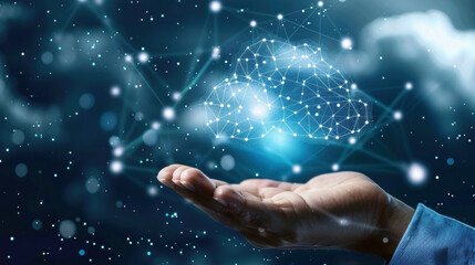 Close-up of a businessman hand with a cloud computing network icon, illustrating secure online storage and data transfer solutions. Cloud computing for application systems.