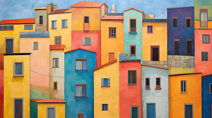 Fototapeta premium Colorful naive art depicting vibrant houses in a quaint village during daytime
