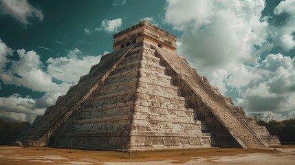 Kukulcan Temple pyramid on a cloudy day