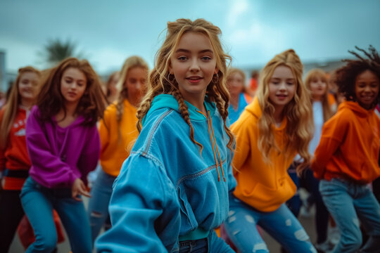 Street dance: young people enjoying shuffle dance on a lively urban dance floor