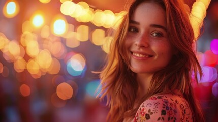Naklejka premium Joyful Young Woman With Festive Bokeh Lights Background