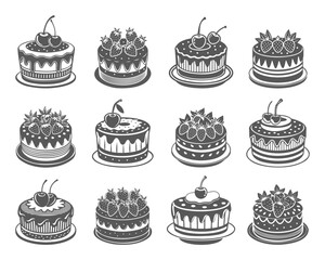 Set of hand drawn cherry and strawberry cakes, engraving, baking silhouettes. Black and white illustration, icons