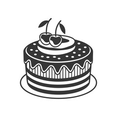 Cherry cake on white background, engraving, silhouette. Black and white illustration of dessert, pastry, food icon