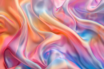 Fototapeta premium Iridescent vibrant silk fabric background texture with waves and drapery