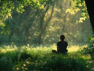 Peaceful Morning Meditation in a Sunlit Forest Clearing with Lush Greenery and Soft Sunbeams