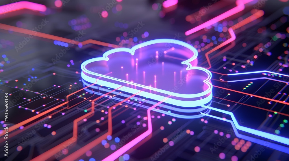 Poster neon cloud computing concept with glowing circuits on dark background, representing data storage and