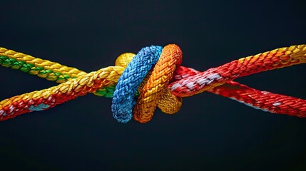 A knot of multicolored ropes on a black background.