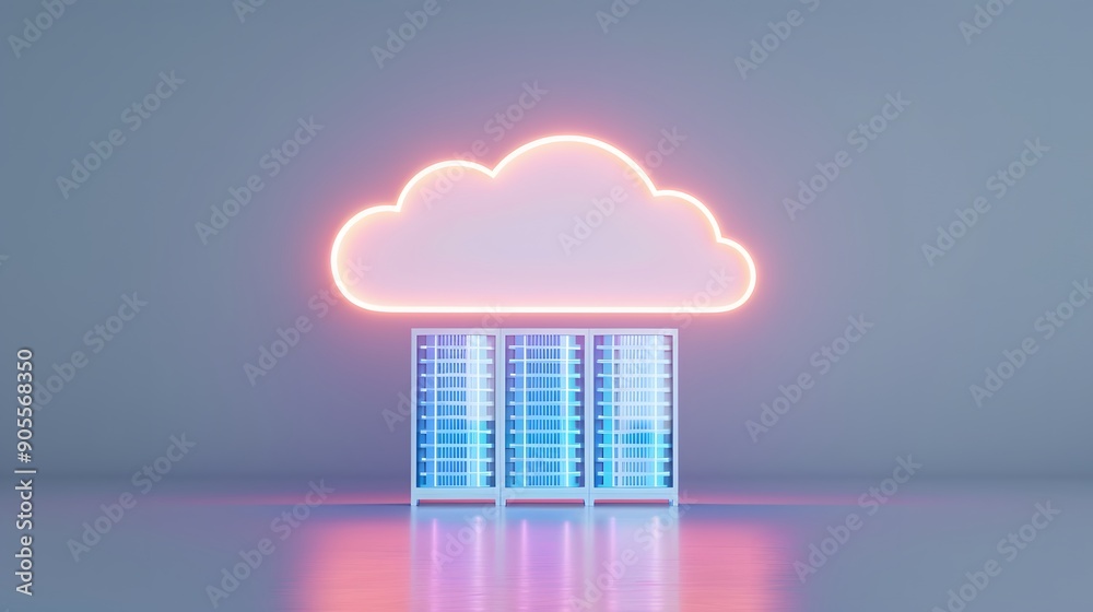 Poster neon cloud icon hovering above server racks, symbolizing cloud computing and data storage technology