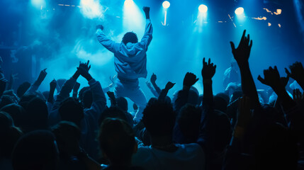 Wide shot capturing the vibrant energy of a 90s hip-hop concert, filled with enthusiastic fans