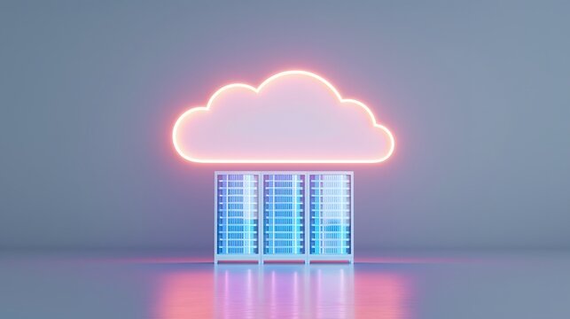 Neon cloud icon hovering above server racks, symbolizing cloud computing and data storage technology in a futuristic digital setting.