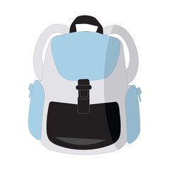 A stylish vector illustration of a two-tone backpack. The design includes a secure buckle closure and a front pocket, for daily use, school, travel