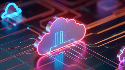 Obraz premium Neon cloud icon representing cloud computing technology with futuristic digital circuit board background. Concept of data storage and internet.
