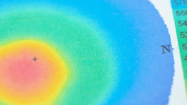 Results of the examination of the thickness and curvature of the cornea in a patient with keratoconus.