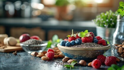 Fresh and Healthy Breakfast with Berries, Nuts, and Seeds in a Rustic Kitchen Setting