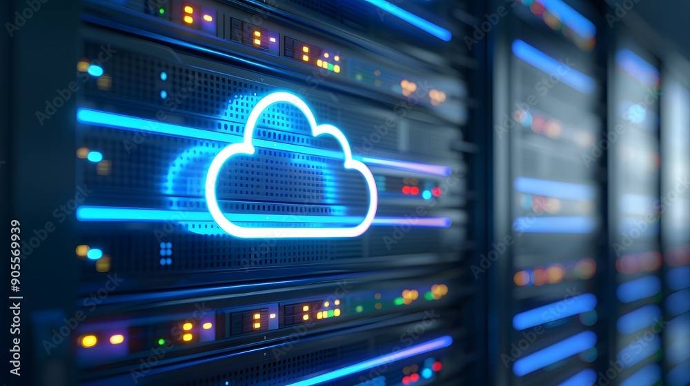 Poster server room with cloud computing infrastructure and technology. neon cloud symbol with data storage 