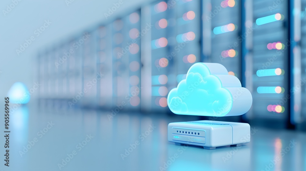 Poster server room with cloud computing server, illuminated blue cloud, and rows of data servers, represent
