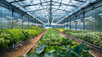 Rows of vibrant vegetables and herbs thrive in a well-lit greenhouse, showcasing a rich variety of plants in orderly beds.