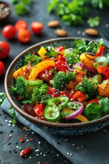 Fresh and Vibrant Vegetable Salad with Broccoli, Bell Peppers, and Cherry Tomatoes in a Rustic Bowl