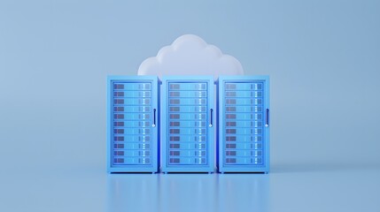 Obraz premium Three blue server racks stand in front of a cloud icon, representing cloud computing and data storage technology.