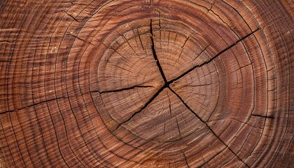 Naklejka premium Old wooden oak tree cut surface. Detailed warm dark brown and orange tones of a felled tree trunk or stump. Rough organic texture of tree rings with close up of end grain.